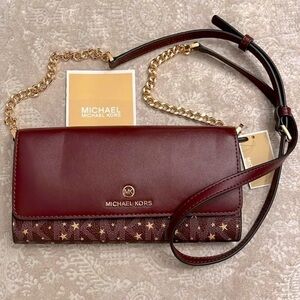 Brand New Michael Kors Merlot Gold Stars Large Wallet on a Chain Crossbody Purse